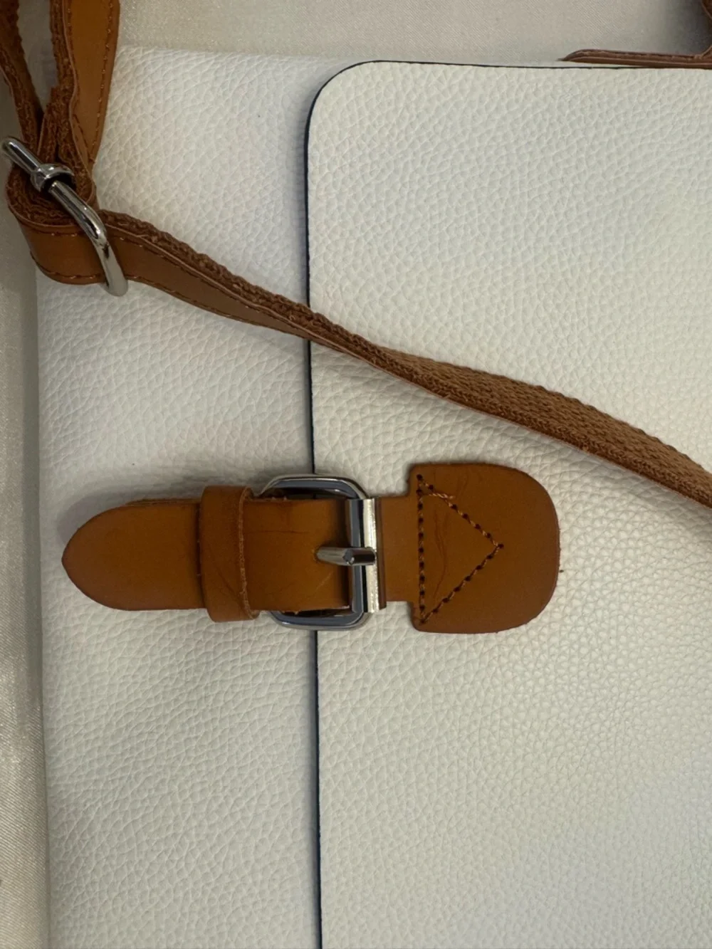 White Crossbody Bag with Tan Strap and Buckle - Picture 2 of 2